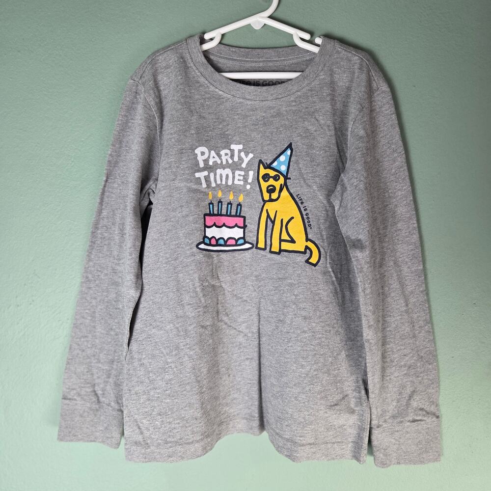 Life Is Good Kids Large Party Time Birthday Cake Dog Crusher Long Sleeve Tee